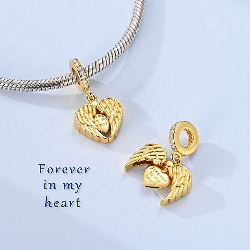 Gold Heart Angel Wings Charm Forever in My Heart Dangle Pendant for Bracelets - Image 2