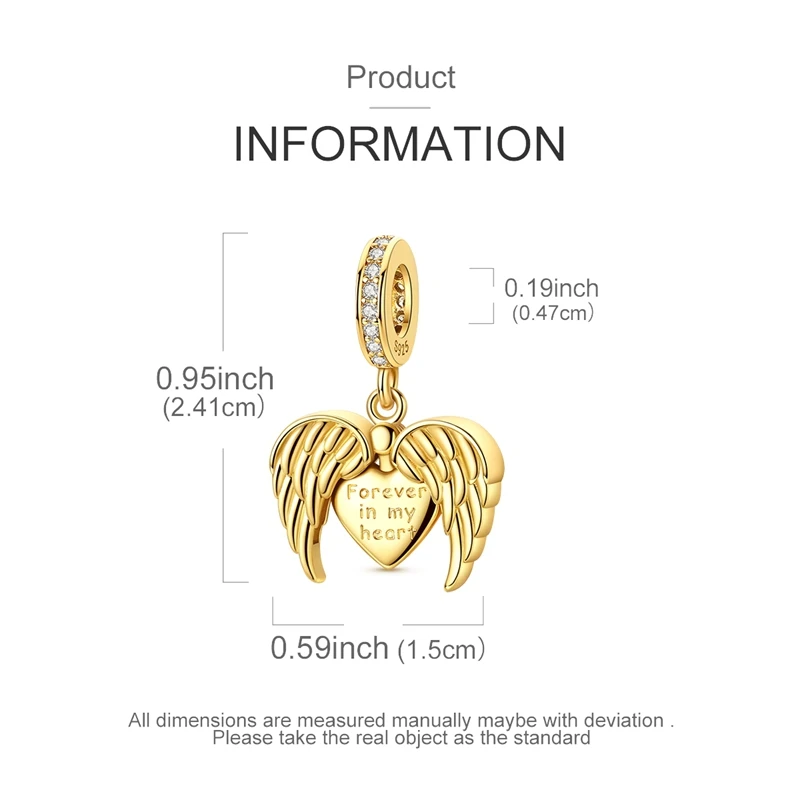 Gold Heart Angel Wings Charm Forever in My Heart Dangle Pendant for Bracelets - Image 4