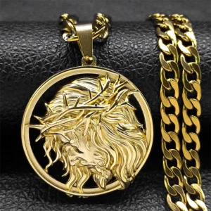 Jesus Crown of Thorns Necklace for Men – Gold Stainless Steel Chain