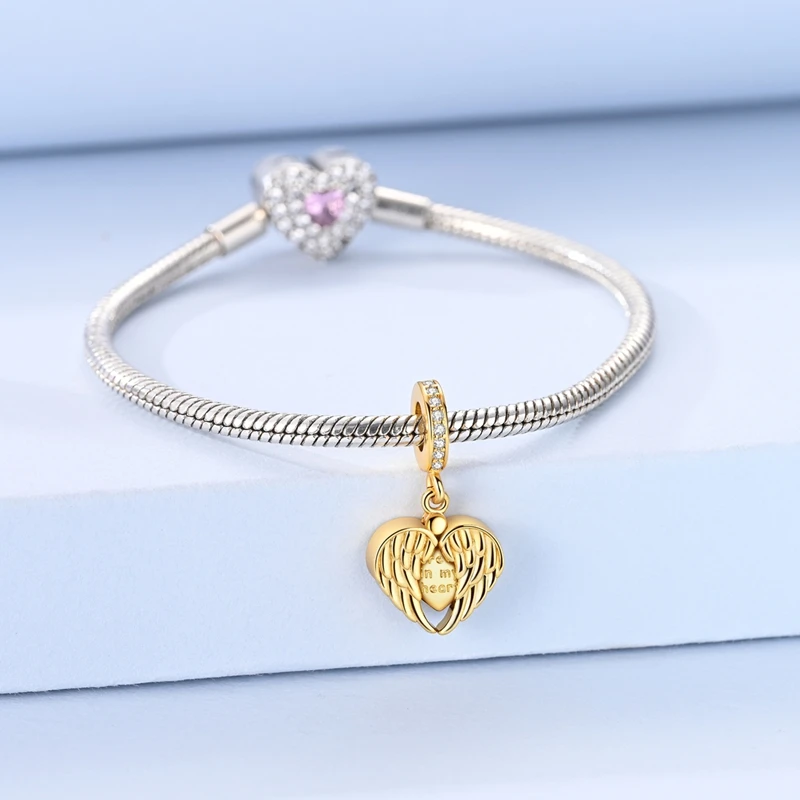 Gold Heart Angel Wings Charm Forever in My Heart Dangle Pendant for Bracelets - Image 3