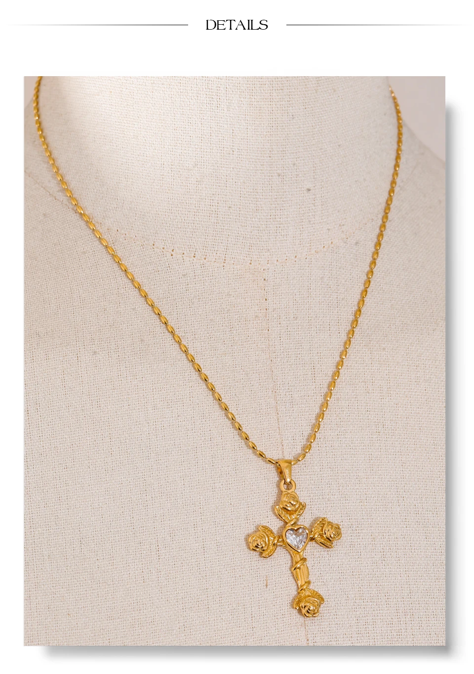 Gold Sparkle Rose Cross Pendant Necklace Women - Image 3