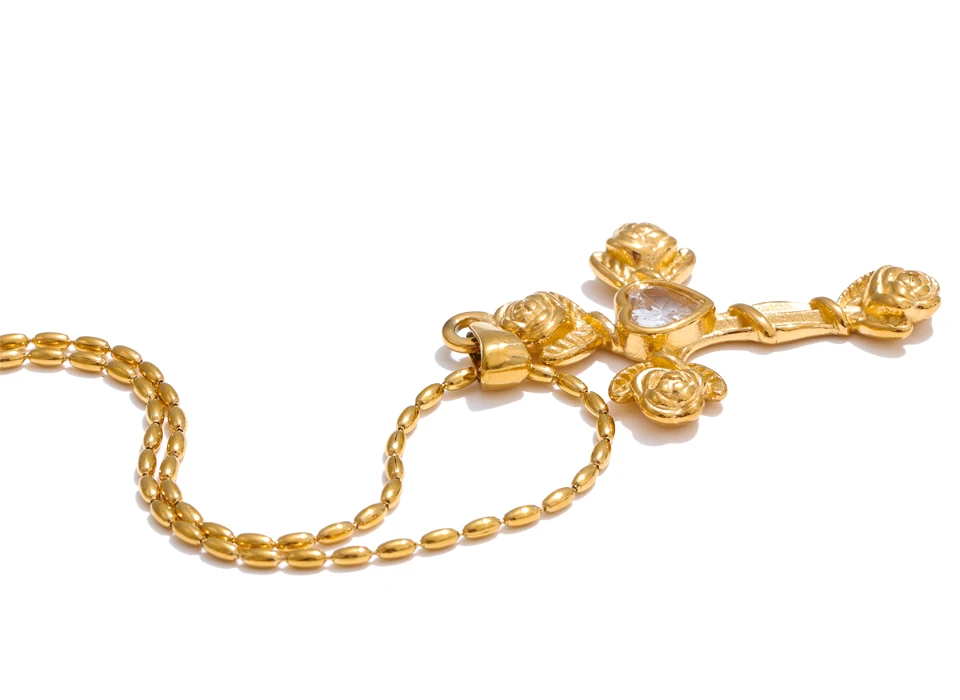 Gold Sparkle Rose Cross Pendant Necklace Women - Image 7
