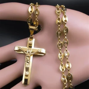 Gold Crucifix Pendant for Men – Stainless Steel Jesus Cross with Coffee Bean Chain